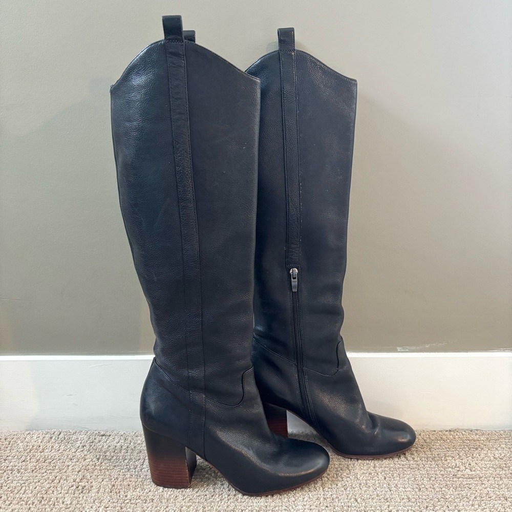 Via Spiga Black Leather Knee High Boots Block Heel Women’s Size 9 Made in Italy​ - Picture 2 of 9